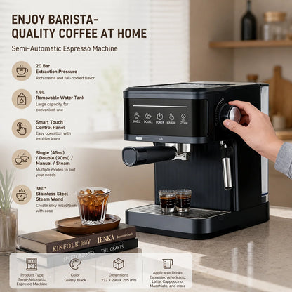 20 Bar Espresso Machine Smart Touchscreen 360° Steam Wand Cup Warmer Single Double Shot 1.8L Black