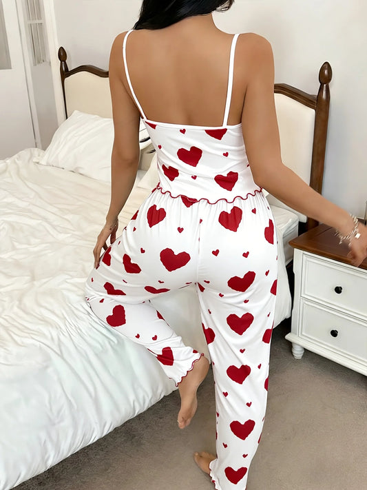 Dam Pyjamas Set Sommar – Volang-Camisole & Långa Byxor Hjärtmönster, Röd & Svart
