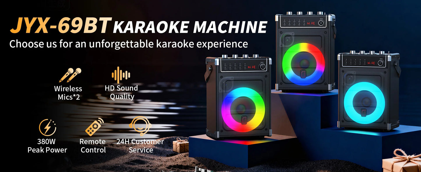 69-black Karaoke Machine with 2 UHF Wireless Microphones, Bluetooth Speaker with Bass/Treble Adjustment and LED Light, PA System