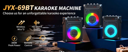 69-black Karaoke Machine with 2 UHF Wireless Microphones, Bluetooth Speaker with Bass/Treble Adjustment and LED Light, PA System