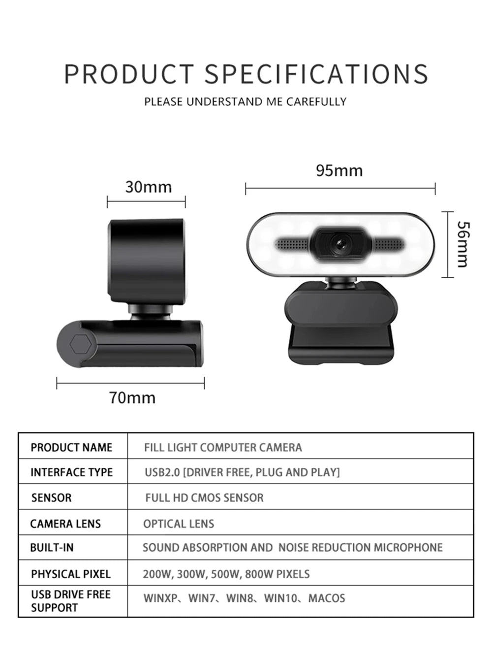 USB-webbkamera med mikrofon och utfyllnadsljus – 2K/4K-val