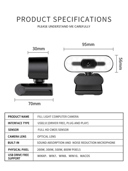USB-webbkamera med mikrofon och utfyllnadsljus – 2K/4K-val