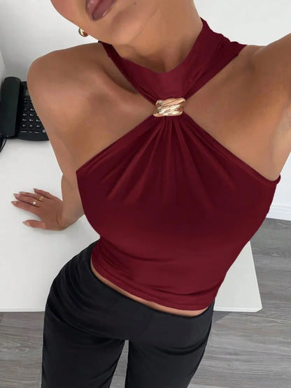 Dam Halterneck Crop Top – Metallring Twist Knot, Slim Fit Sommar Kontorsstil, 10 Färger
