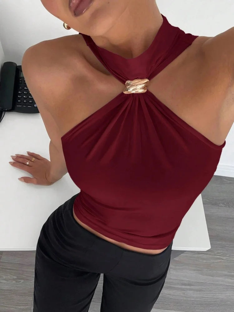 Dam Halterneck Crop Top – Metallring Twist Knot, Slim Fit Sommar Kontorsstil, 10 Färger
