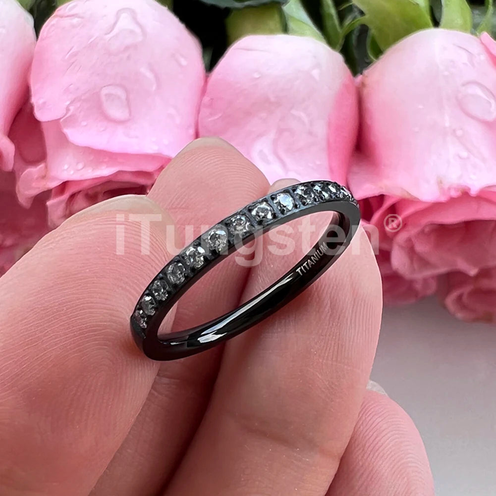 ITungsten 2/3/4mm Men Women Titanium Princess Cubic Zirconia CZ Inlay Ring Nice Eternity Engagement Wedding Band
