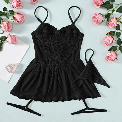 Soild Lingerie Erotic Nightwear  Womens' Nightdress Sexy Pajamas Lace Nightclub Fun Underwear Hollow Backless Ladies Nightgown