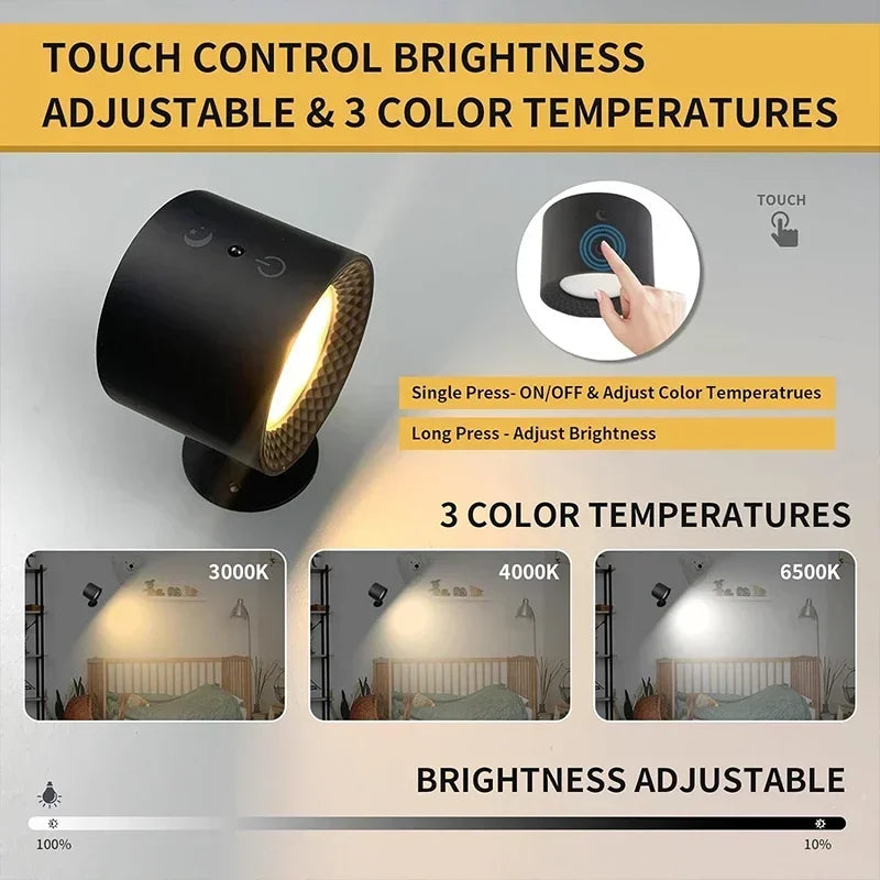 LED Dubbelhuvud Vägglampa – Touch, Fjärrkontroll, 360° Roterbar, USB-laddning, Trådlös