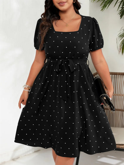 GIBSIE Plus Size Square Neck Polka Dot Belted Dress Women's Elegant Retro Puff Sleeve High Waist Summer A-line Big Swing Dresses