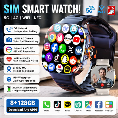 2026New 5G SIM Smart Watch 2.4" AMOLED 8+128GB GPS+NFC WIFI 1000W HD Camera IP68Waterproof Health Monitor Android Smartwatch Men