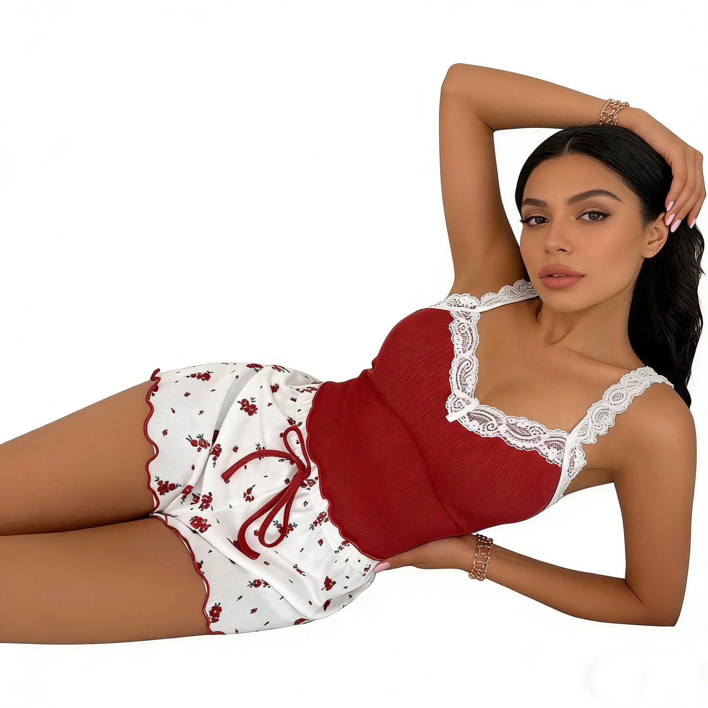 Dam Spets Pyjamas Set 2026 – Sexig Camisole & Shorts Slim Fit Hemmaset, 4 Färger S–XL