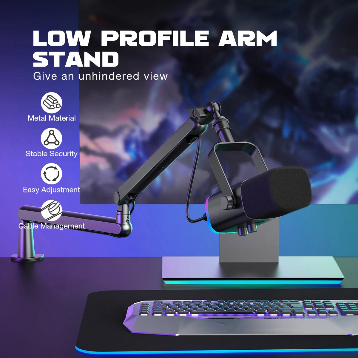 FIFINE Adjustable Low-profile Arm Microphone Stand with Cable Managment/Desk Mount, Suspension Boom for K688 Ampligame AM8-BM88