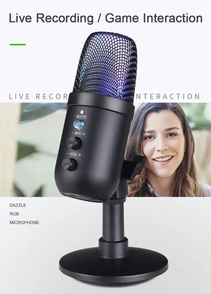 USB Gaming Microphone for PC Condenser Podcast Mic for Studio Recording Headphone Jack RGB Noise Cancellation with Mute Button