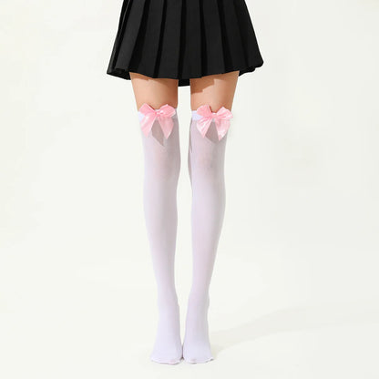 Dam Overknee Strumpor med Satinrosett – Elastiska Spets Tights Kväll & Fest, 3 Färger