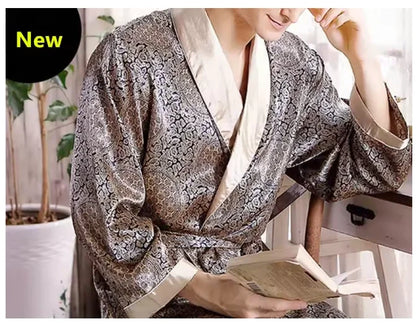 Plus Size 3XL 4XL 5XL Men Robe Sleepwear Navy Blue Stripe Kimono Bathrobe Gown with Pocket Summer Satin Home Clothes Lounge Wear