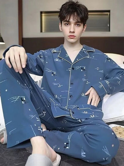 Casual Spring and Autumn Pajamas for Men, New Versatile Cardigan Long-Sleeved Long Pants Set, Simple and Stylish, Plus-Size Loungewear