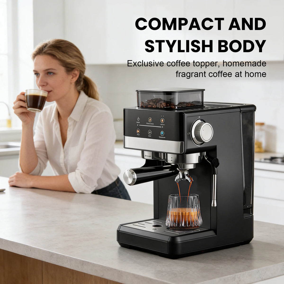 Matte Black Smart Espresso Coffee Machine Burr Grinder Touch Screen Pre-Infusion 360° Steam Wand Cold Brew