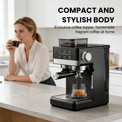 Matte Black Smart Espresso Coffee Machine Burr Grinder Touch Screen Pre-Infusion 360° Steam Wand Cold Brew