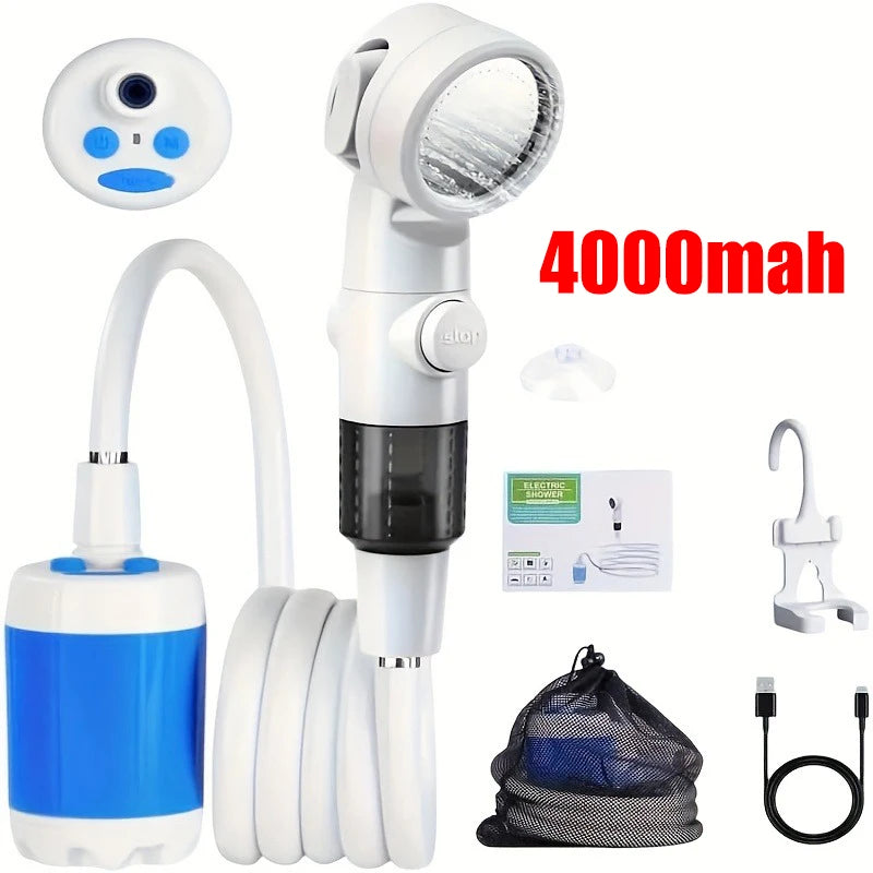 Portabel Campingdusch – Elektrisk Pump 4000mAh, Digital Display, Slang & Krok, Blå