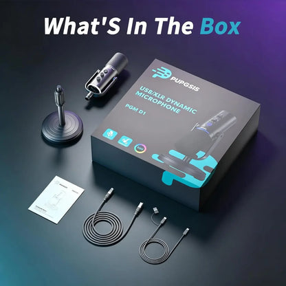 PUPGSIS Podcast Microphone Kit, USB/XLR Dynamic Vocal Mic, Streaming Mic with RGB Lights for PC/XLR Mixer, with Mute Button, Headphone Jack, Gain Knob, for Gaming Voice-Over Recording