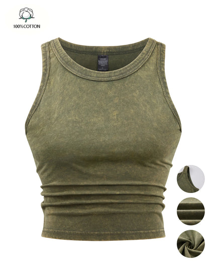 Dam Y2K Bomull Linne Crop Top – Tight Washed Streetwear Casual Sommar, 10 Färger M–XXL