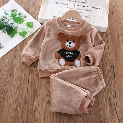 Baby & Barn Flanell Pyjamas Set – Tecknad Björn Fleece Mjuk Unisex Höst/Vinter Storlek 80–130 (1–6 år)