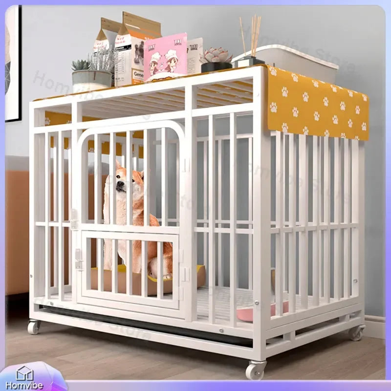 Heavy Duty Square Tube Dog Cage for Medium Large Dogs Indoor Metal Kennel with Toilet Tray Foldable Iron Pet Crate Furniture