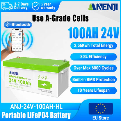 ANENJI LiFePO4 Batteri 24V 100Ah 2,56kWh – Bluetooth, 100A BMS (200A puls), Grade A Prismatiska Celler, >6000 Cykler, IP65, 5års Garanti, EU-lager (Polen)