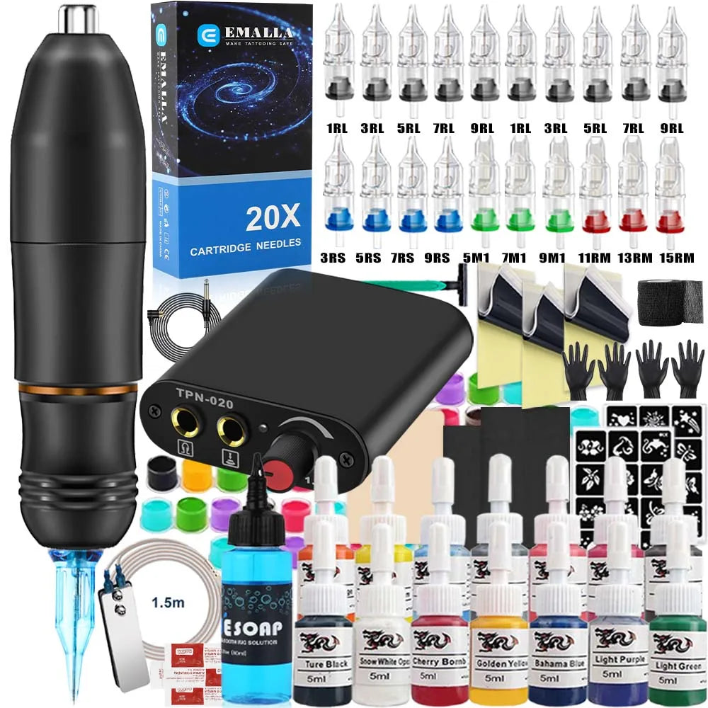 Professional Tattoo Machine Set High Quality Rotary Tattoo Pen Power Supply Needle Ink Makeup DC/RCA Tattoo Pen Beginner Kits