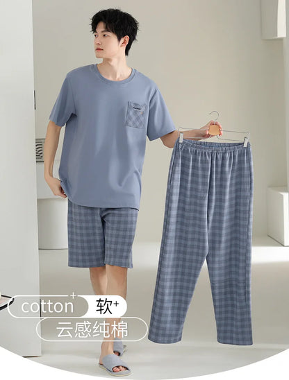 Antibacterial Cotton Pajamas for Men Summer Short Sleeve Shorts Long Pant Three-Piece Set Simple Solid Color Loose Homewear