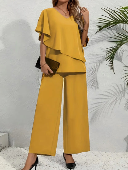 Plus Size Women's Multi-Color Ruffle Sleeve V-Neck Top + Wide Leg Pants 2-Piece Set - Elegant Casual Party Style (0XL-4XL)