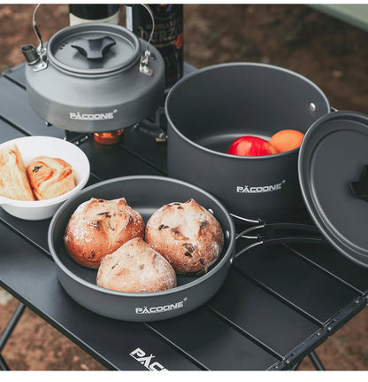 PACOONE Campingkokset – Portabelt Aluminiumset med Kastrull, Vattenkokare & Panna, Hopfällbart