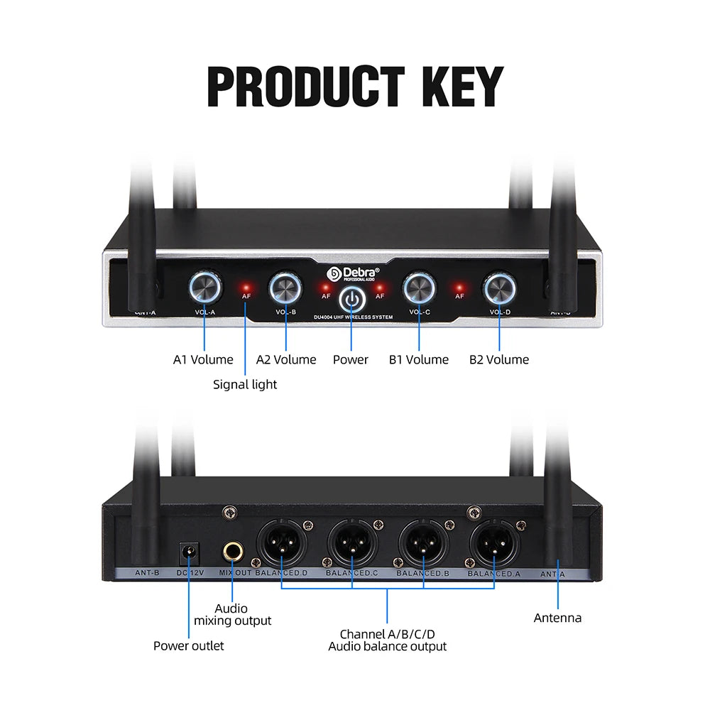 Debra DU4004 Wireless Conference Microphone System, UHF 4-channel, lavalier, headset, handheld microphone, for weddings, karaoke