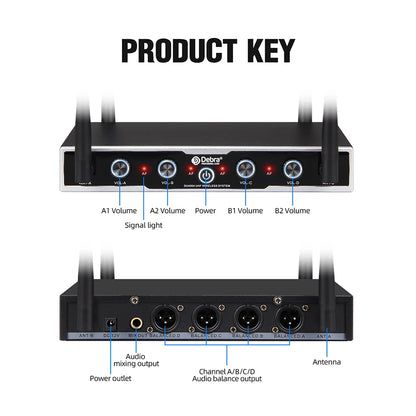 Debra DU4004 Wireless Conference Microphone System, UHF 4-channel, lavalier, headset, handheld microphone, for weddings, karaoke