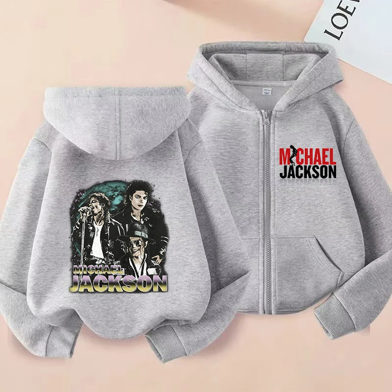 Michael Jackson Thin Long Sleeve Zipper Jacket Boys Hooded Clothes Autumn Spring Singer MJ Zip Up Streetwear with Pocket Tops