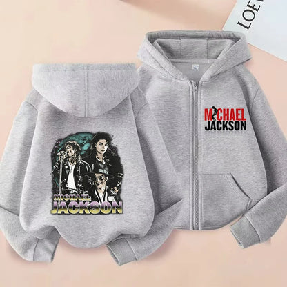 Michael Jackson Thin Long Sleeve Zipper Jacket Boys Hooded Clothes Autumn Spring Singer MJ Zip Up Streetwear with Pocket Tops