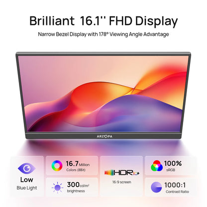 ARZOPA 16.1 inch 100% SRGB 1080P HDR Portable Monitor Mini Second Monitor External Display IPS Screen Z1C