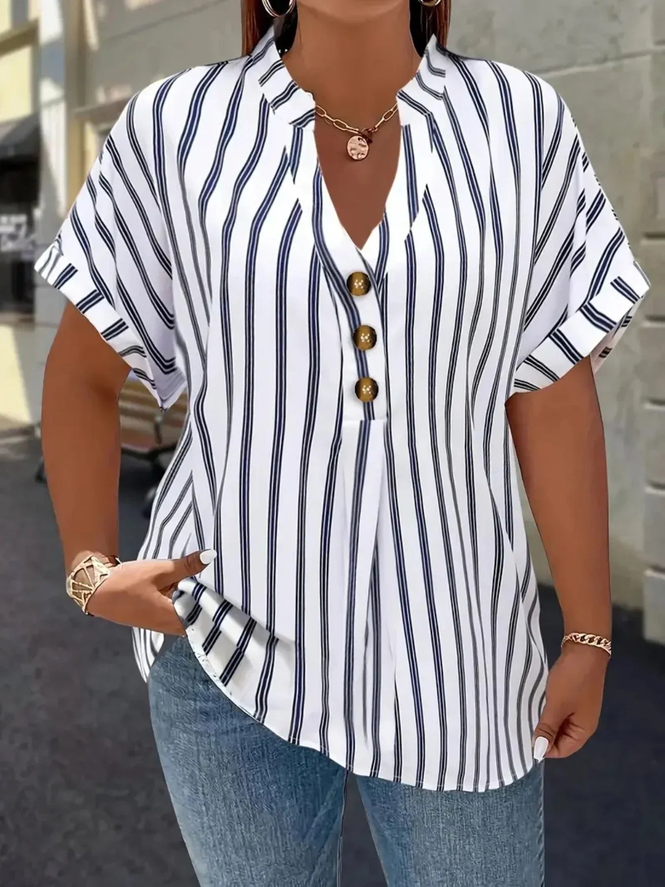 Gadinus White Plus Size Striped Blouse Women V Neck Button Front Short Sleeve Loose Fit Casual Shirt Tunic Top