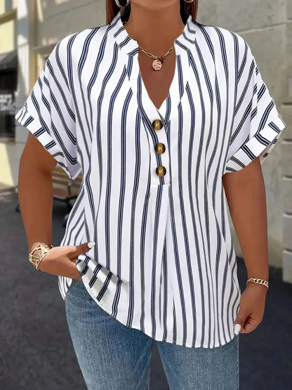 Gadinus White Plus Size Striped Blouse Women V Neck Button Front Short Sleeve Loose Fit Casual Shirt Tunic Top