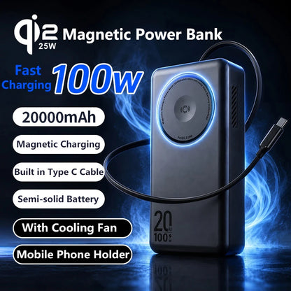 PowerBank 20000mAh 100W Fast Charging For Laptop Semi-solid Battery Qi2.2 25W Magnetic Wireless Charger for iPhone Apple Watch