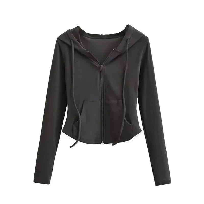 Women's Slim Fit Hooded Zip Up Sports Sweatshirt | Autumn Cropped Casual Jacket Long Sleeve Athletic Outerwear K Pop Clothes
