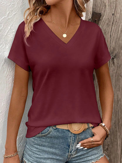 Women's Oversized V-Neck T-Shirt Solid Color Short-Sleeve Curved Hem Soft Fabric Black Gray Navy