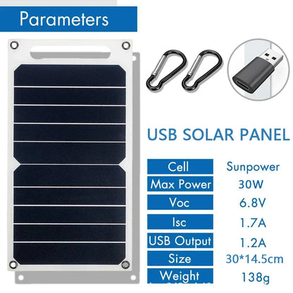 Portable 30W Waterproof Solar Charging Panel USB Type C For Camping Hiking Phone Power Bank Power Supply
