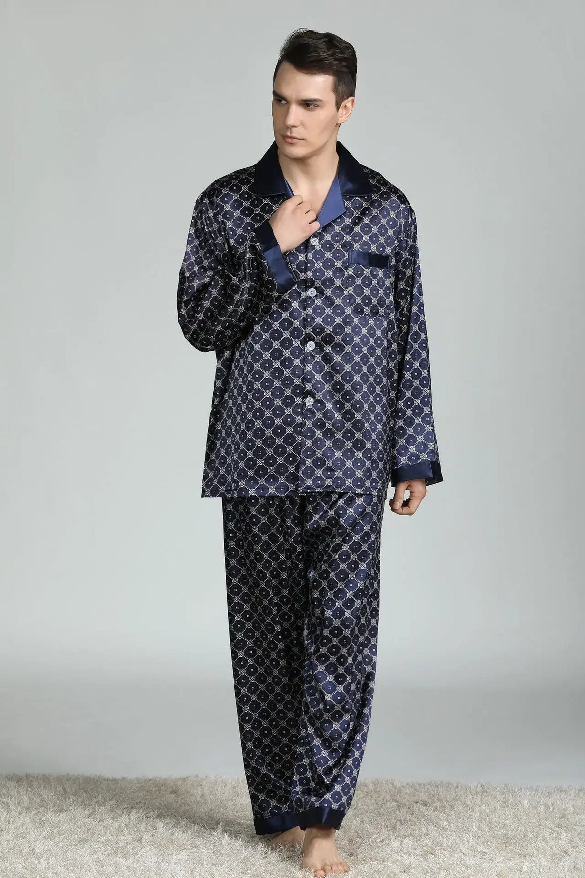Pyjamasset herr med satinkänsla – långärmad överdel och långbyxor, L–3XL