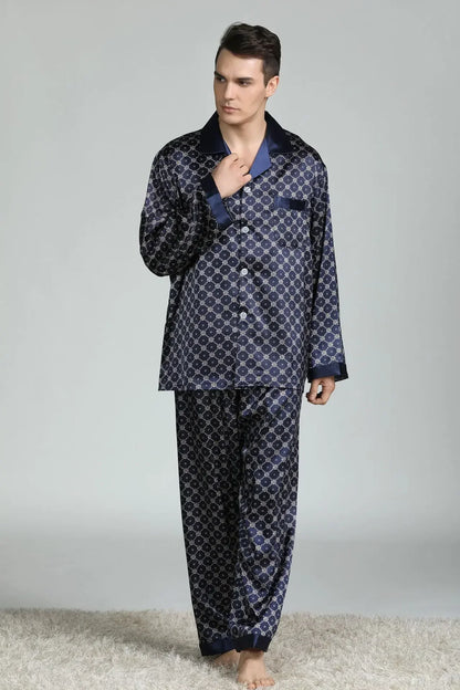Pyjamasset herr med satinkänsla – långärmad överdel och långbyxor, L–3XL