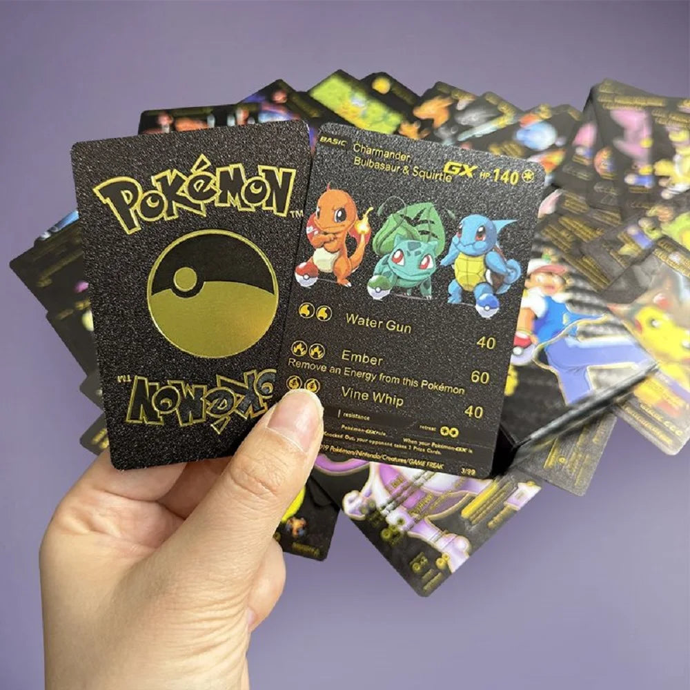 •55 pcs Pokemon Metal Gold Black Vmax GX Card Box Mewtwo Charizard Pikachu Rare Collection Battle Trainer Children Toys Gift