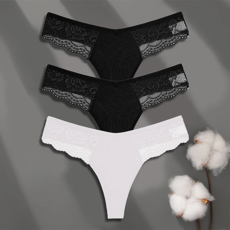 FINETOO 3-pack spetsstring i bomull med låg midja
