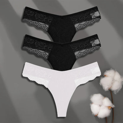 FINETOO 3-pack spetsstring i bomull med låg midja