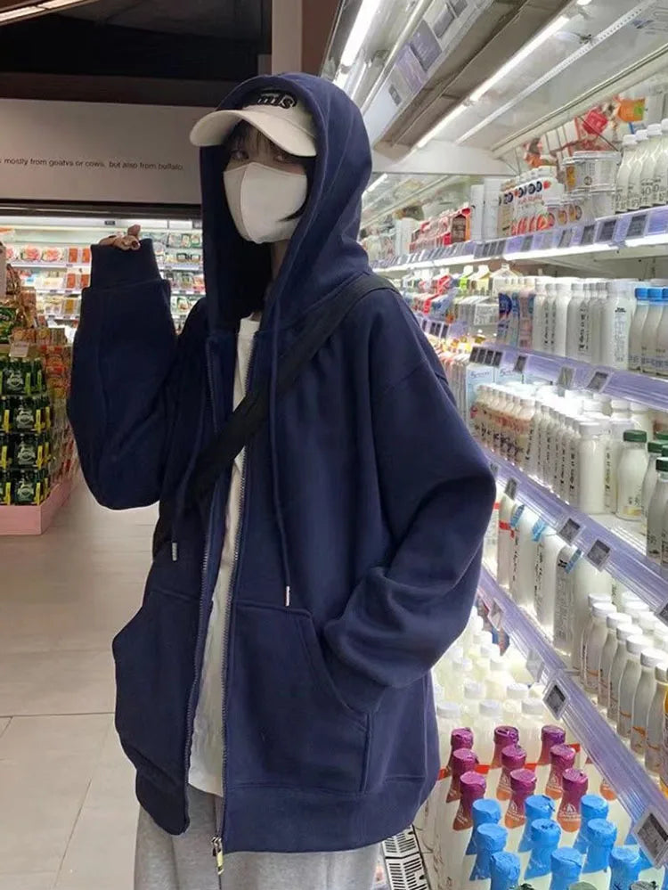 Korean Fashion Zipper Hood Sweatshirt Women Autumn Long Sleeve Tops Casual Y2K Hoodies Streetwear Harajuku Loose Jackets Coats