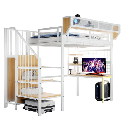 90×200cm & 140*200cm Metal High Bed, with Desk, Shelf and Storage Net, Complete with Safety Ladder, LED Lighting and Socket