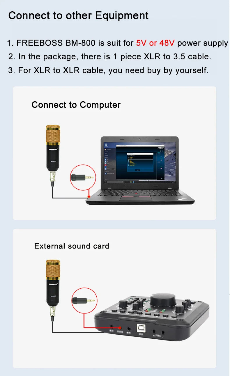 Freeboss BM-800 Kondensatormikrofon-kit med arm och stöttålig fäste för dator